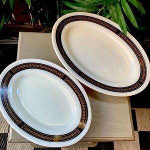 2 Pyrex Serving Plates Gold & Black Fleur De Lis Pattern Trim on White Ceramic